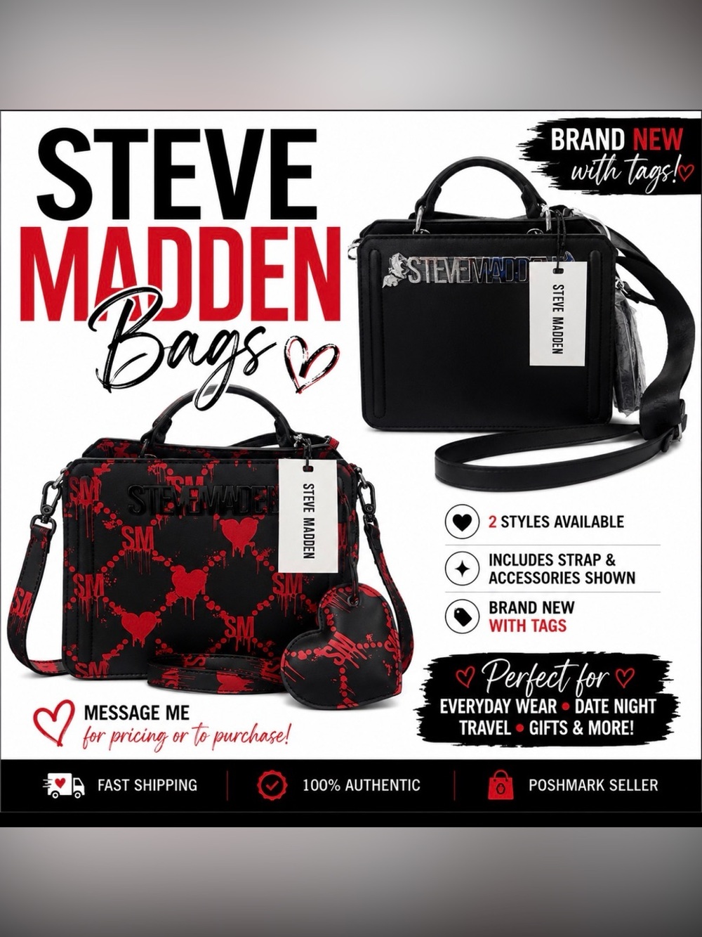 Steve Madden Black and Red Graphic Messenger Bag with Heart Charm